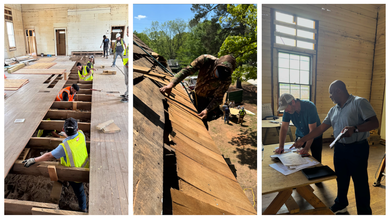 Collage showing workers inside the historic church, architects planning, and a roofer adding cedar shingles