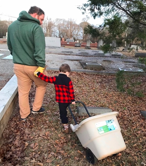 Woolsey Cemetery’s newest volunteer – It’s never too early to teach community service. Jack is the 4th great grandson of Dr. Woolsey. Photo by Teresa Roby © January 2024 
